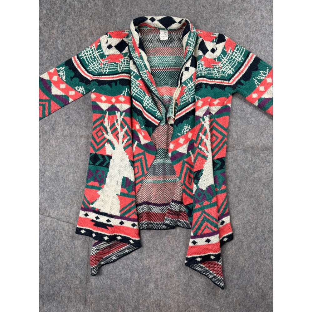 Pink Owl Women Geometric Fair Isle Deer Knit Open Front Waterfall Cardigan Md.